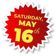 A bright red jagged starburst sticker with white borders containing the yellow text 