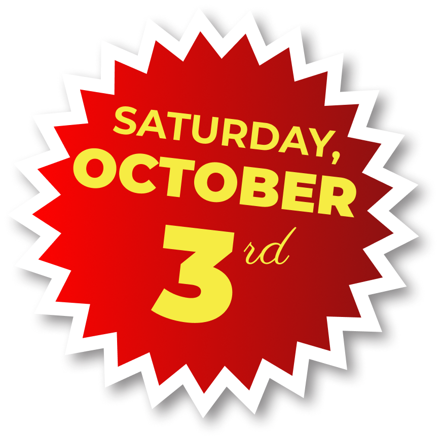 A bright red jagged starburst sticker with white borders containing the yellow text
